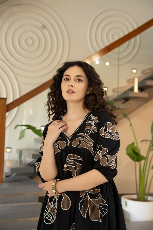 Noir Elegance Embroidered Dress