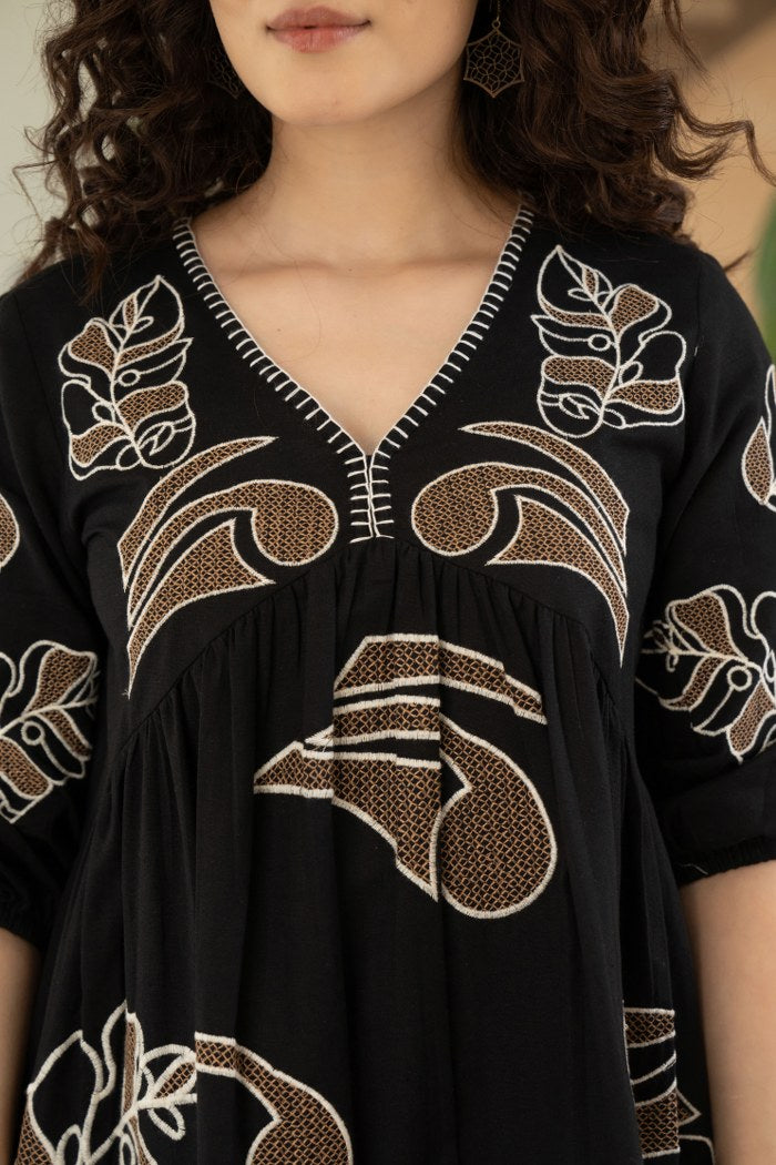 Noir Elegance Embroidered Dress