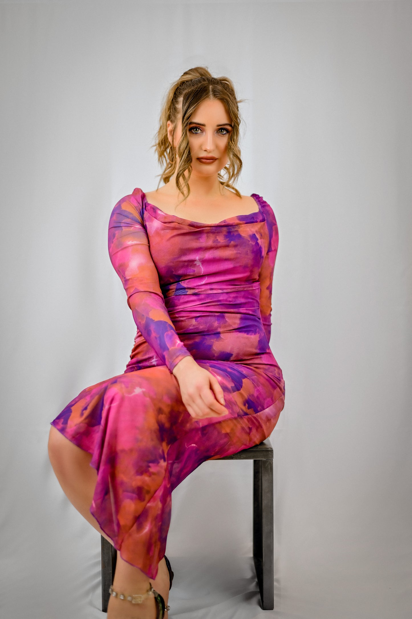 Cosmic Bloom Mesh Midi Dress