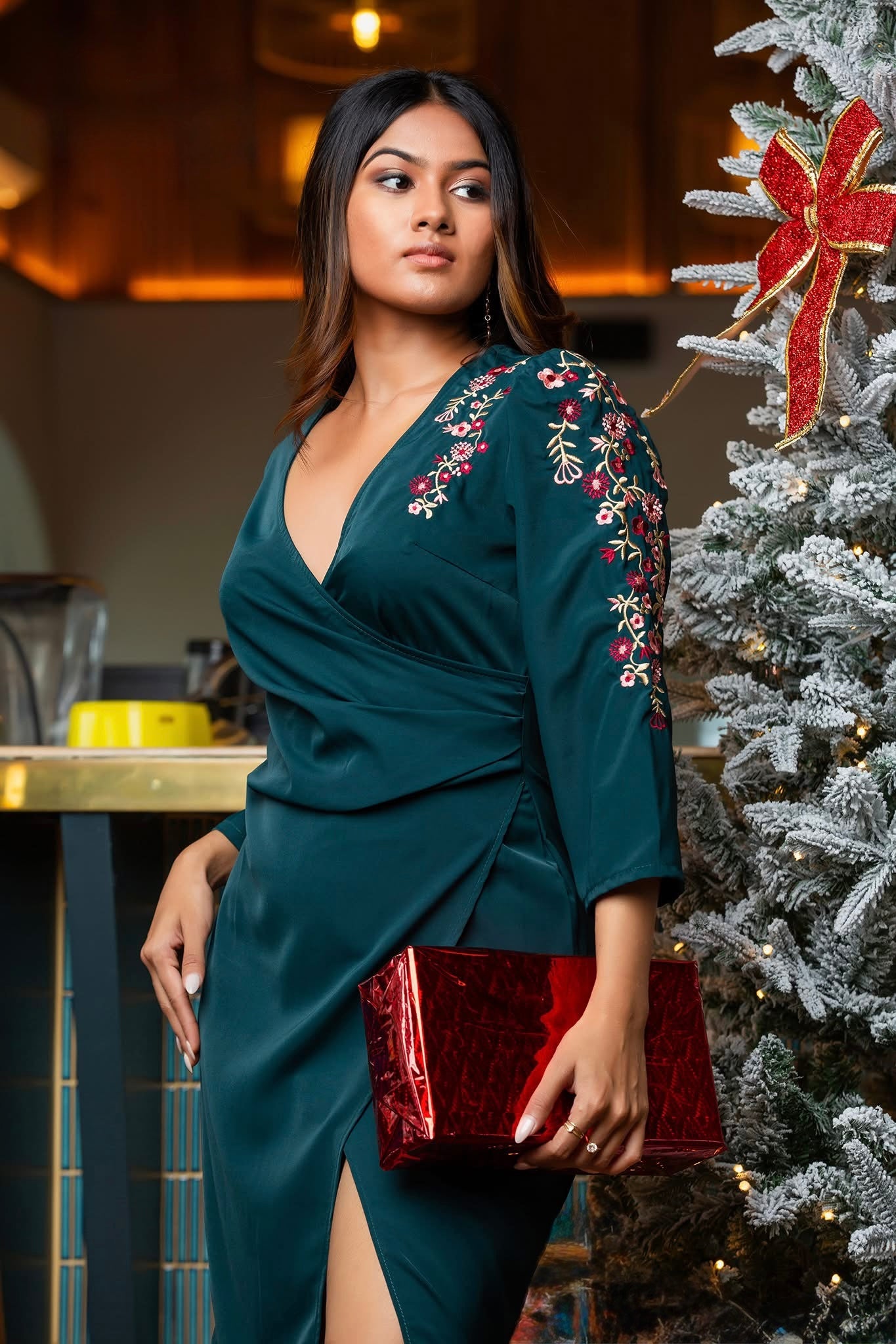 Emerald Elegance Embroidered Wrap Dress
