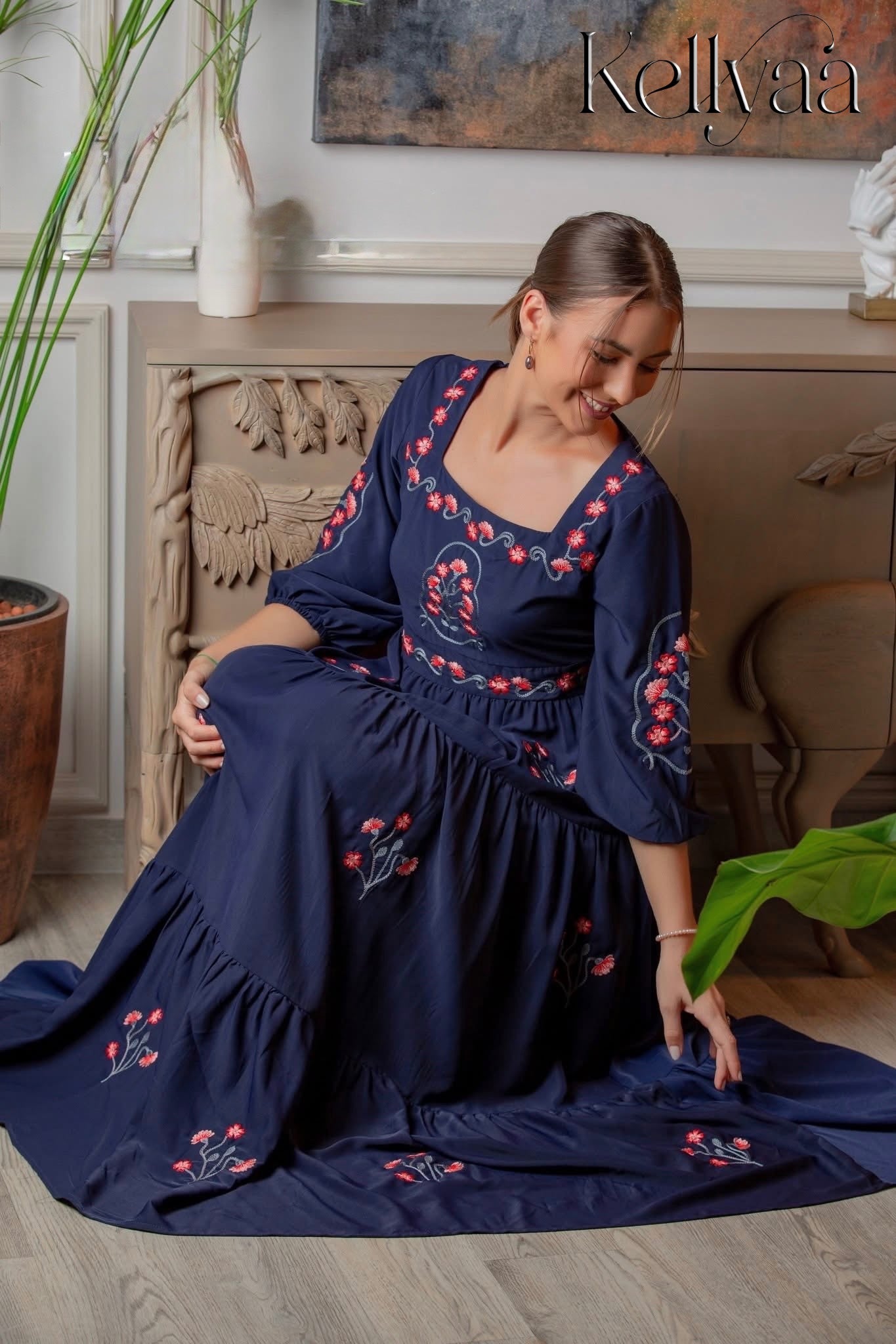 Midnight Blooms Embroidered Frock