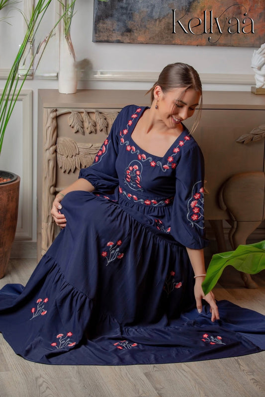 Midnight Blooms Embroidered Frock