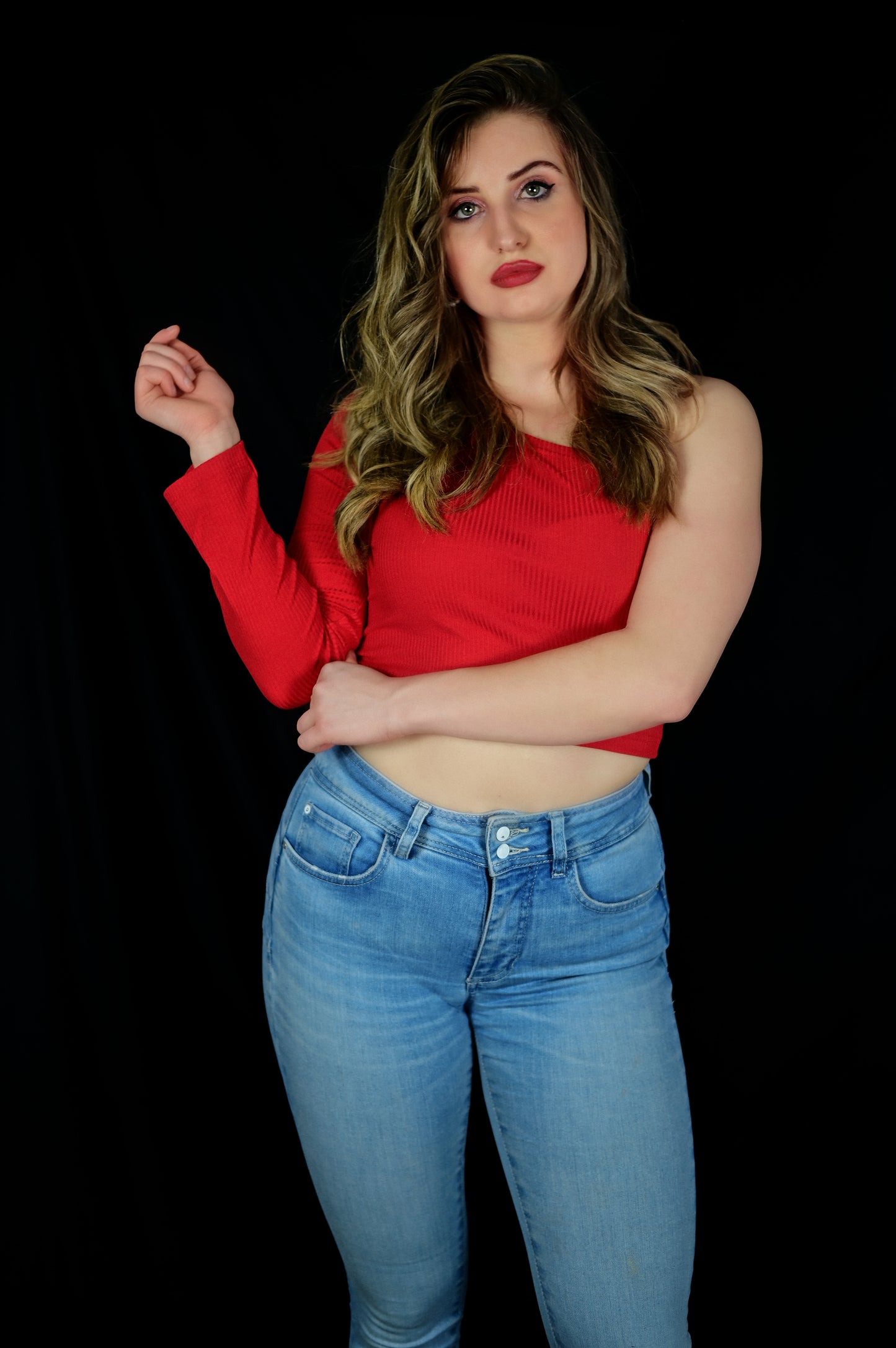 Bold One-Sleeve Ribbed Red Crop Top